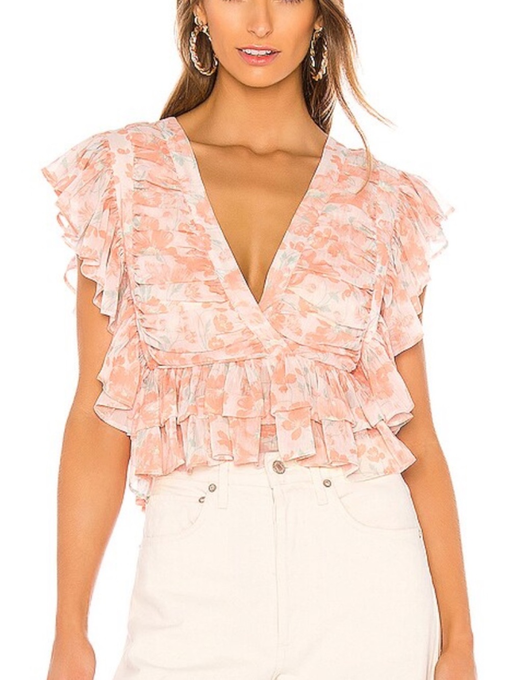 Tularosa Peach Floral Ruffle Cropped Blouse Medium